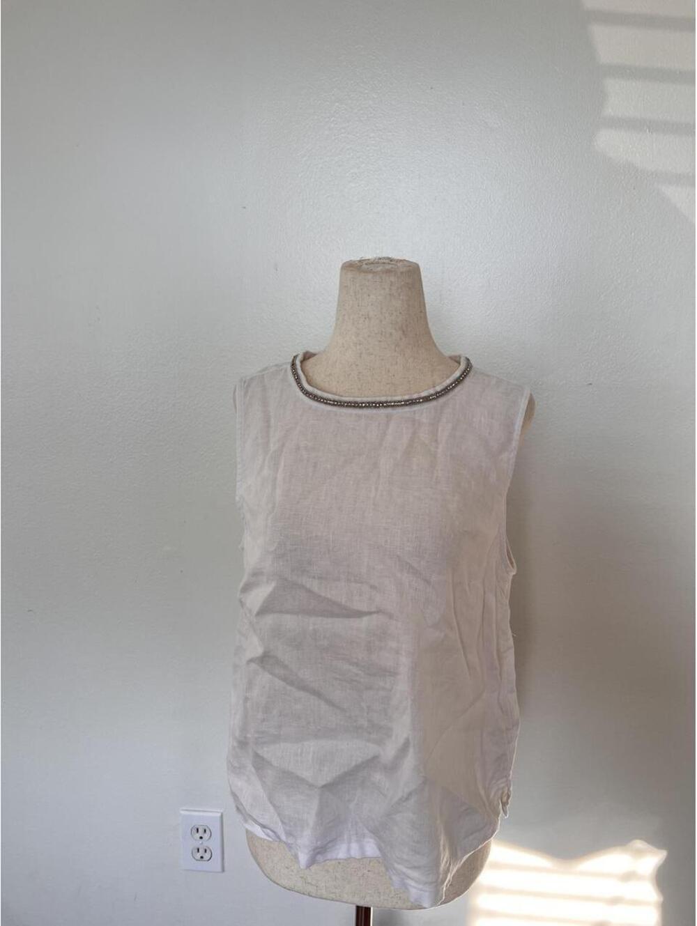 Calypso St. Barth white linen top with silver beaded collar. Size M